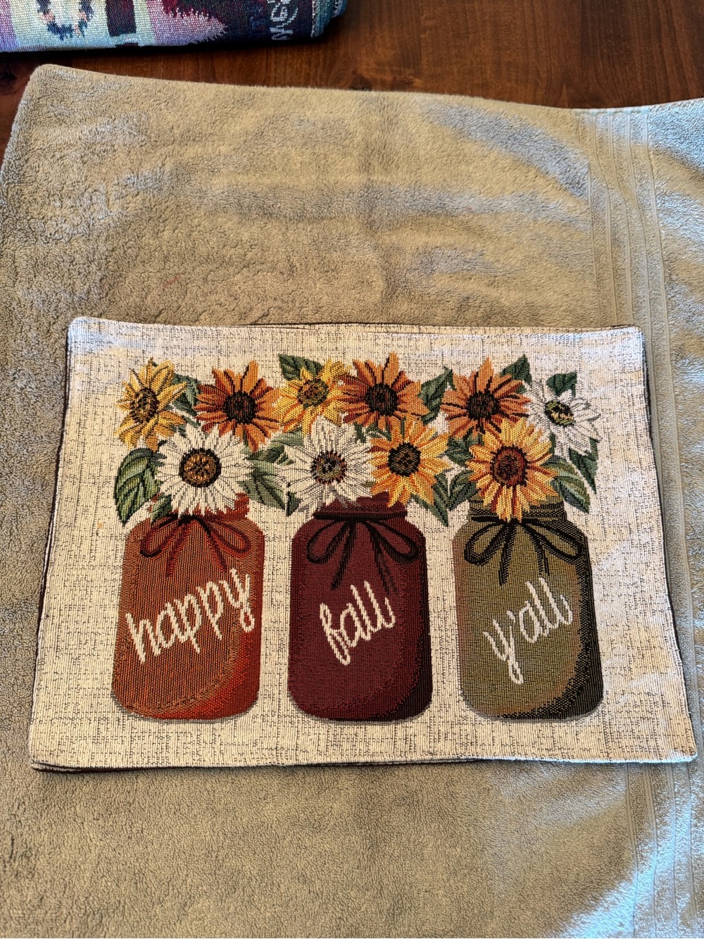 Autumn Sunflower Mason Jar Tapestry Mat - "Happy Fall Y'all"